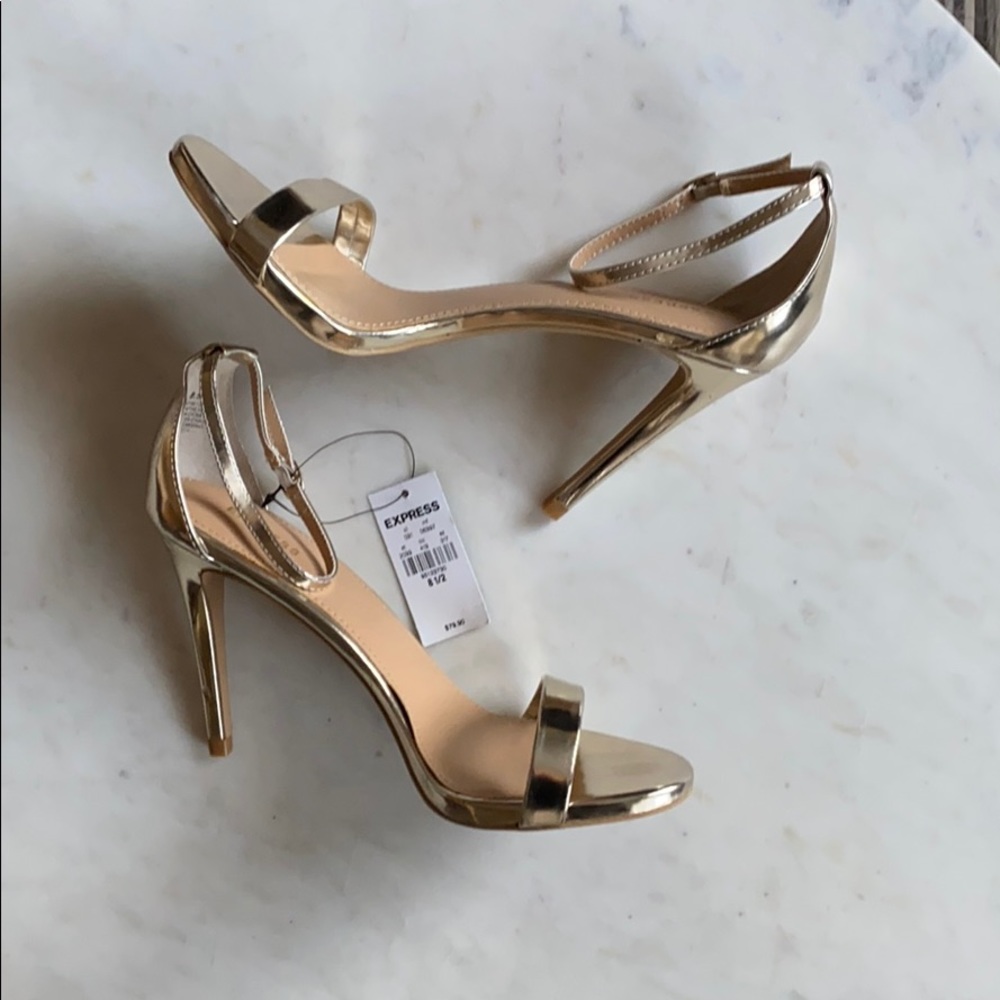 Express Shiny Gold Ankle Strap Heels, Size 8.5.